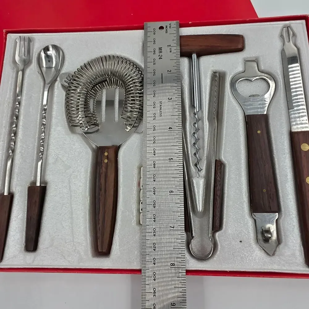 Vintage Kane Kutlery 7 Pc Bar Set Stainless Steel Wood Handles Japan Boxed MCM